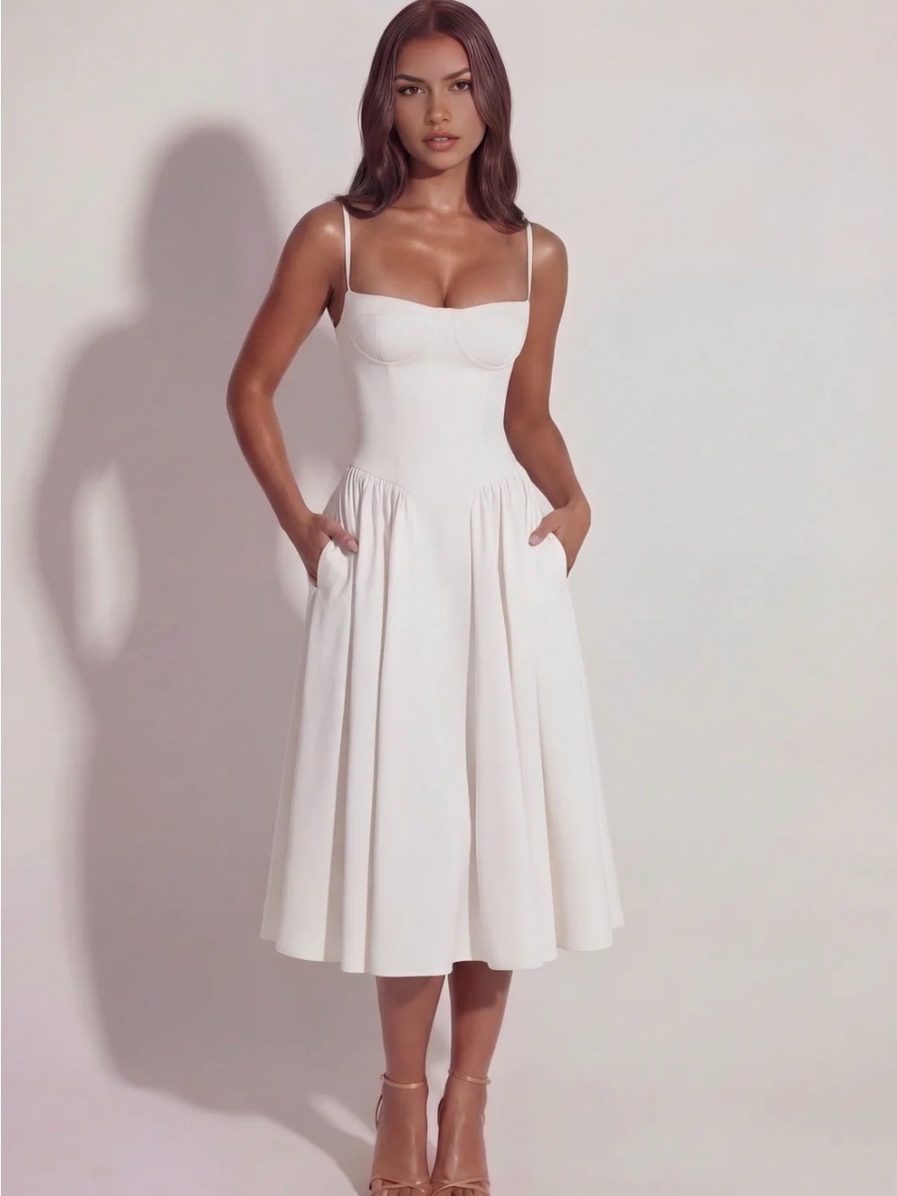 White Midi Dress with Sweetheart Neckline and Hidden Pockets